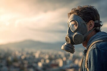Man wearing a gas mask stands on a rooftop overlooking a cityscape, with dramatic clouds and soft sunlight creating a tense atmosphere of uncertainty and survival