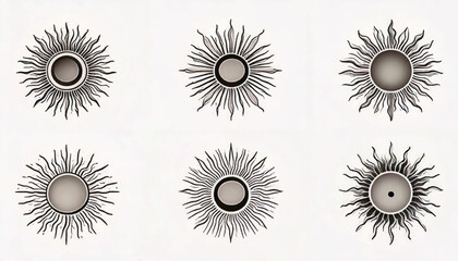 Six stylized sun illustrations with radiating rays and circular centers, presented in a grid formation against a neutral background.