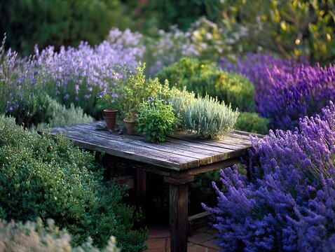 Rustic Wooden Table with Potted Plants in Lush Purple Lavender Garden