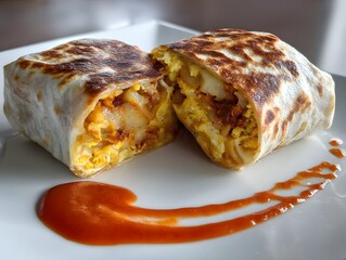 Savory Breakfast Burrito Cut Open on White Plate with Red Sauce