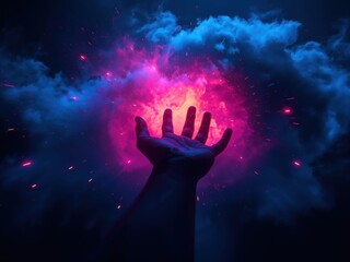 A silhouetted hand reaching towards vibrant, colorful cosmic energy with swirling clouds