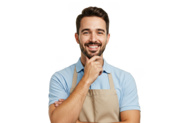 Smiling man wearing an apron posing confidently with hand on chin transparent background