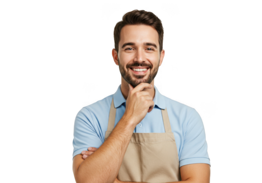 Smiling man wearing an apron posing confidently with hand on chin transparent background
