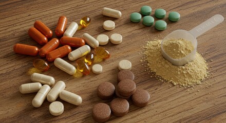 Health supplements and vitamins on wooden table nutritional products natural environment wellness concept