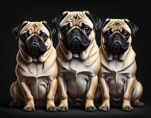 Fototapeta premium Three Pugs in Artistic Pose