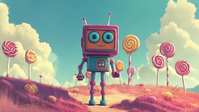 Colorful robot in candy landscape waving cheerfully