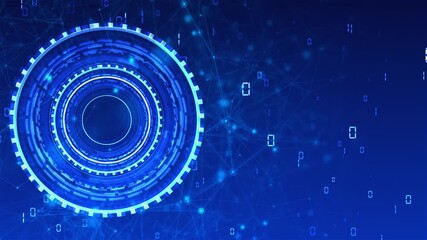 Futuristic digital HUD interface rotating circle, binary code streams, glowing nodes connected by lines. for cybersecurity, data science, tech UI, virtual reality, blockchain, AI visualization project - Powered by Adobe