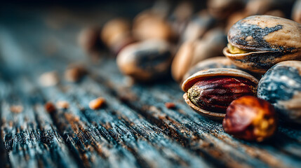 Close-up of several jojoba nuts on a dark wooden surface.