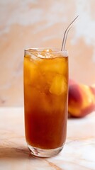 Fototapeta premium Smooth peach iced tea on marble counter, soft background with top-left margin clear