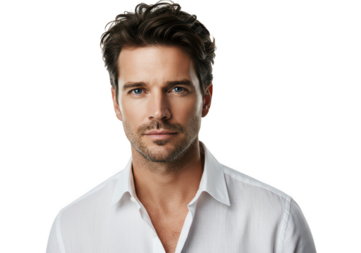 Close-up portrait of a handsome man with dark hair wearing a white shirt transparent background