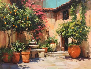 Obraz premium Sunlit Courtyard Oil Painting with Blooming Flowers and Citrus Trees