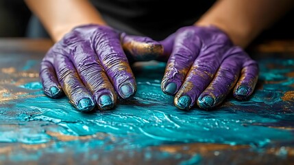 Hands covered in vibrant purple and teal paint, resting on a surface smeared with color