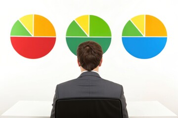 Man in suit gazing at three colorful pie charts on white wall