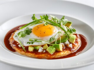 Sunny Side Up Egg with Avocado and Herbs on White Plate