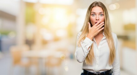 Fototapeta premium Surprised woman expressing shock in a modern office environment emotional reaction positive vibes