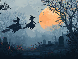 Witches Flying on Broomsticks Under Full Moon in Spooky Cemetery Night Sky with Halloween Atmosphere and Creepy Trees Silhouettes Vector Illustration