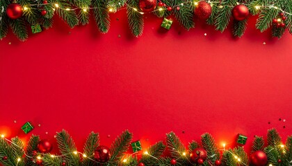 A top-down view of a festive red background, with a border of green fir branches along the top, Christmas background