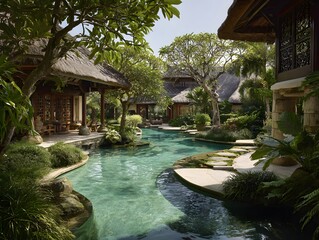 Tropical Green Pool Villa with Thatched Roofs and Lush Gardens