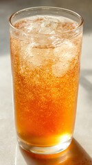 Sparkling peach tea in glass with effervescent fizz, clear tabletop, and top margin open for text.