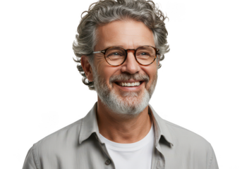 Portrait of a smiling older man with glasses and gray hair captured in clear detail transparent background