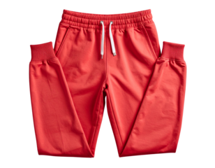 Flat-Lay Red Jogger Pants with Waistband and Cuffs, Apparel Template, Isolated on Transparent Background PNG