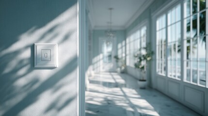 Wall Switch On Textured Wall In Bright Hallway With Sunlight