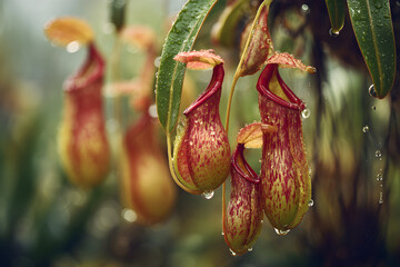 Close-up of several Nepenthes pitcher plants with water droplets on their leaves and pitchers.