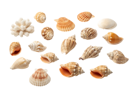 Collection of seashells and coral isolated on transparent background, marine life