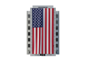 American flag draped over a tall building isolated on transparent background