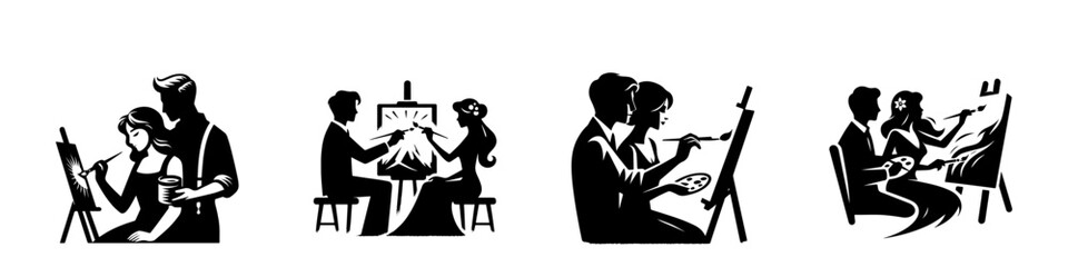 Modern Minimalist Men Painting With Wife Icon, Flat Silhouette of a Couple Creating Art Vector for Hobby Illustration Design