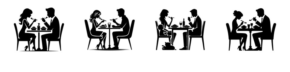 Modern Minimalist Men Eating Dinner With Wife Icon, Flat Silhouette of a Couple Sharing Meal Vector for Home Illustration Design