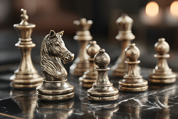 Close-up of several silver chess pieces on a dark surface.