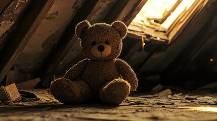 Abandoned teddy bear in attic
