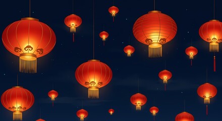 Obraz premium Numerous glowing red Chinese lanterns hanging against a dark blue night sky, creating a festive and traditional atmosphere for celebration.