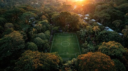 Aerial View of Soccer Field Nestled Amidst Lush Forest Canopy During Sunset