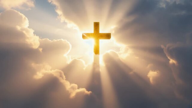 Golden light streams through a cross in the heavens, a symbol of hope and faith, with clouds dynamically shifting to reveal the cross, creating a powerful and moving religious experience