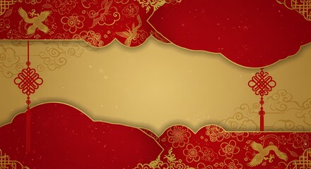 Vibrant red and gold Chinese background with traditional patterns, auspicious clouds, cranes, and decorative knots, perfect for festive celebrations.