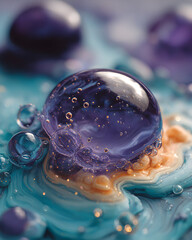 Close-up of several translucent purple and blue liquid droplets on a textured surface.