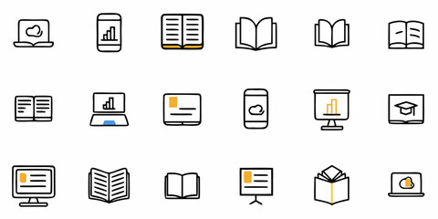 Modern icons showcasing education, data, and learning on digital devices and books