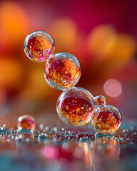 Close-up of several translucent spheres with internal orange reflections on a dark surface.
