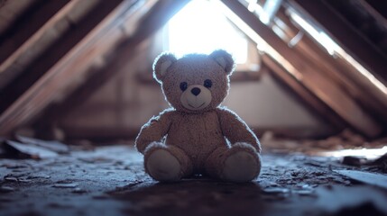 Teddy bear in a dusty attic
