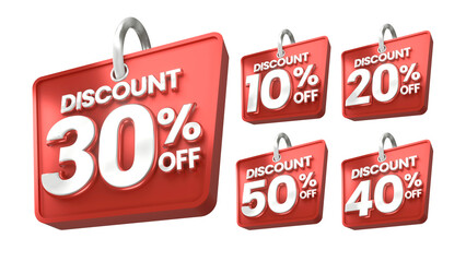 3D Package Red Discount Labels 10 20 30 40 50 Percent Off with Transparent Background