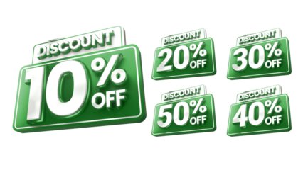 3D Green Discount Labels Badge 10 20 30 40 50 Percent Off with Transparent Background for Ramadhan, christmas and other event sale