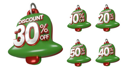 3D Green Discount Labels Badge 10 20 30 40 50 Percent Off with Transparent Background for christmas and other event sale