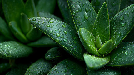 Close-up of several succulent plants with water droplets on their leaves.