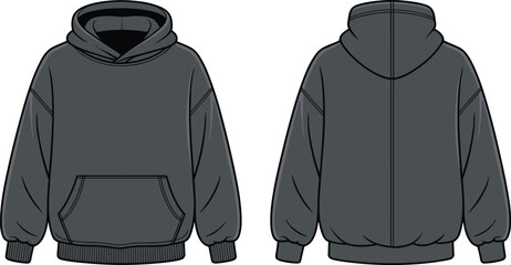 Black hoodie front and back view, casual sweatshirt design, blank template, fashion mockup, streetwear apparel, clothing vector illustration, unisex style