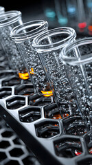 Close-up of several transparent cylindrical containers with liquid inside, arranged in a tire-tread patterned rack.