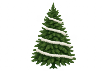 Christmas tree with white tinsel decoration on transparent background