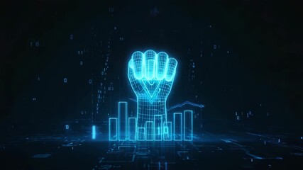 Dynamic digital hand interface showcasing downward trend with glowing blue bar graphs and data streams, perfect for illustrating market volatility and economic downturns with a futuristic feel - Powered by Adobe