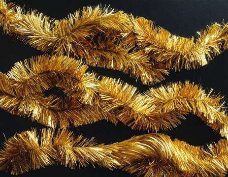Sparkling golden tinsel garland on dark background - Powered by Adobe